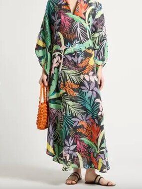 120% Lino Kaftan Day Dress Floral Small